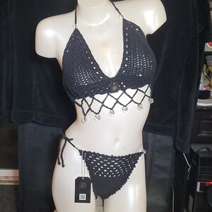 Hand-Crocheted Black Women's Bikini Set with Bead Accents